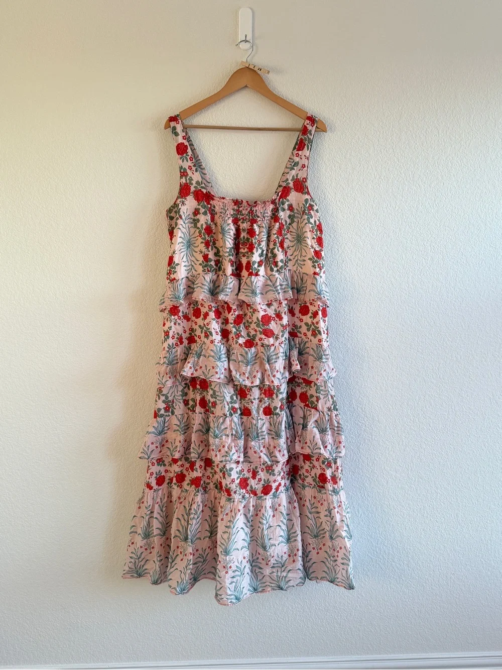 Anthropologie Pink Floral Tiered Sundress with Red Accents - Picture 4 of 13